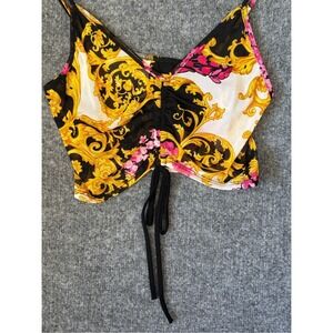 Primi Baroque Scroll Crop Top Womens Medium Black Gold Pink‎ Mesh Cinch Cami